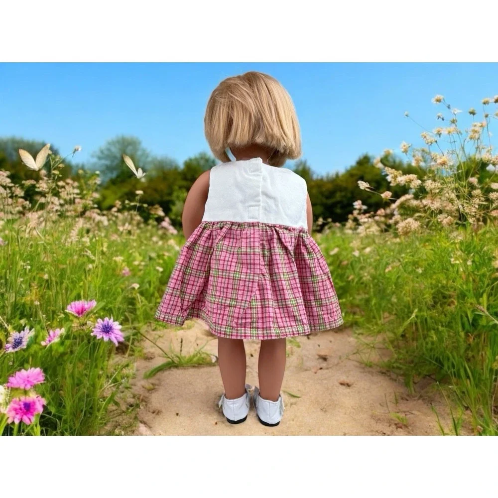 Teddy Mountain Doll/Teddy Bear Dress Pink And Green Plaid With Butterfly & Roses